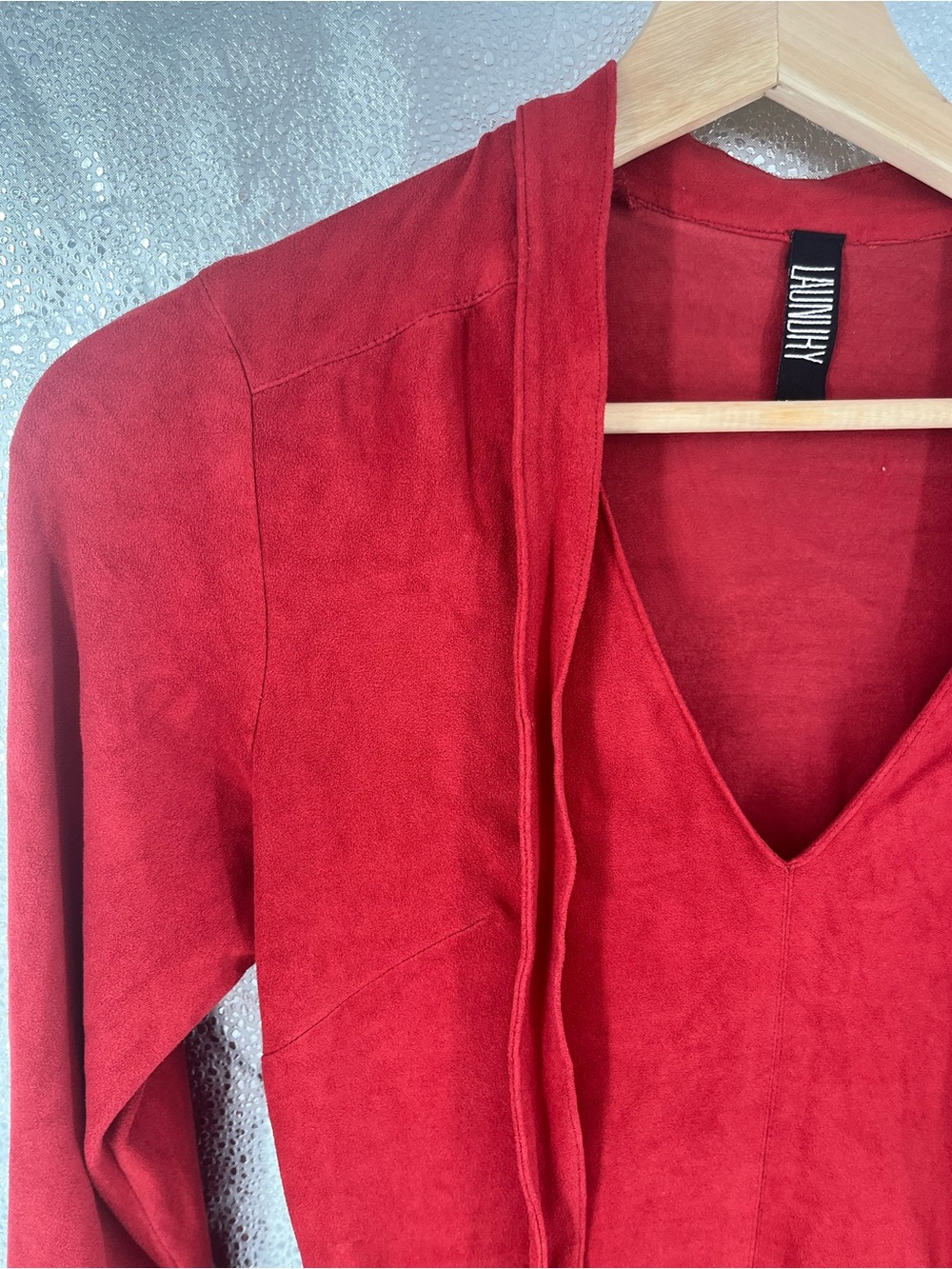 Laundry Shelli Segal Red Suede-Look Long Sleeve Tie Front Mini Dress USA XS Sz 2 - Picture 4 of 16